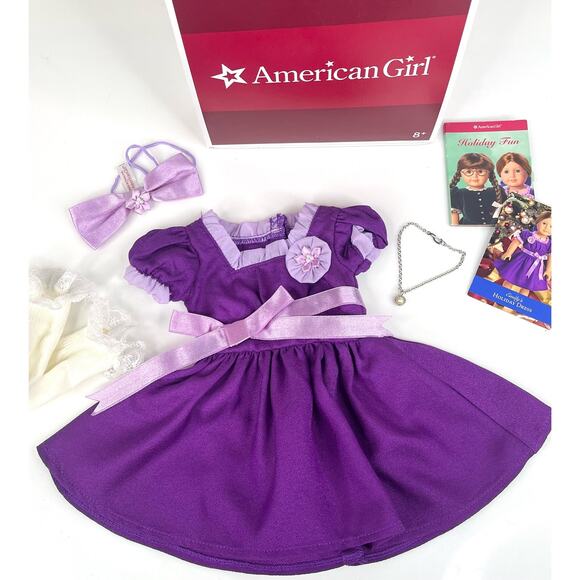 American Girl Emily Doll Holiday Outfit Purple Dress Necklace Bow Socks Card Box - Picture 7 of 9